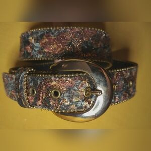 Vintage Gold and Multicolor Women's Belt With Brass Beaded Edges Size Small